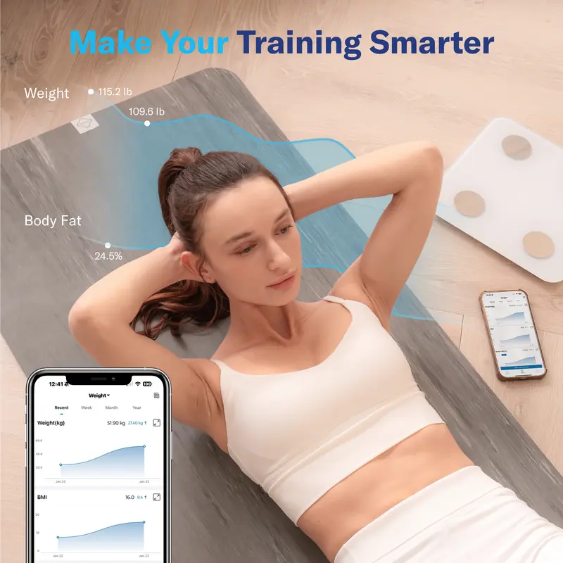 Bluetooth-enabled smart digital scale for measuring BMI and body fat.