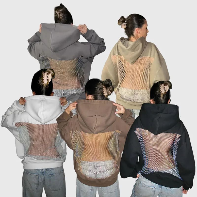 Solid color backless openwork mesh hoodie