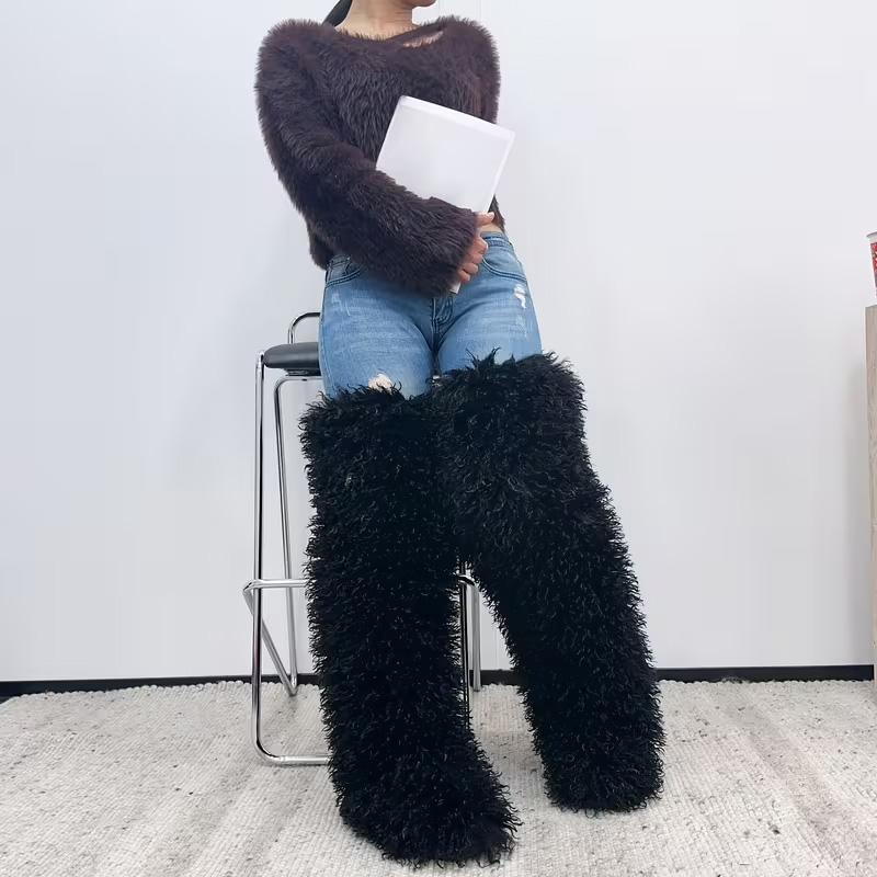 Comfortable curly fur over-the-knee boots