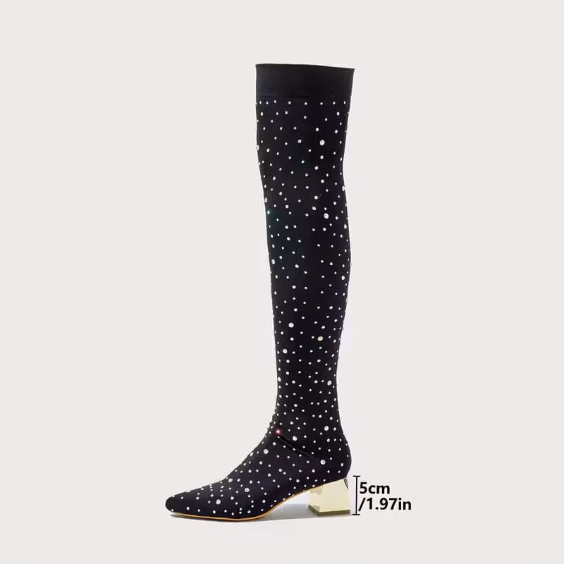 Rhinestone-studded elastic over-the-knee boots