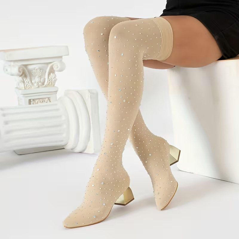 Rhinestone-studded elastic over-the-knee boots