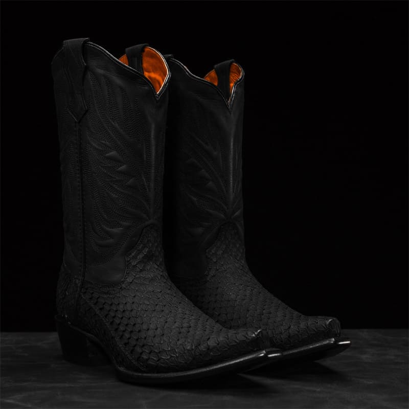 Matte Black Rattlesnake Print Boots