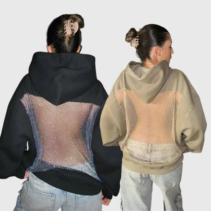 Solid color backless openwork mesh hoodie