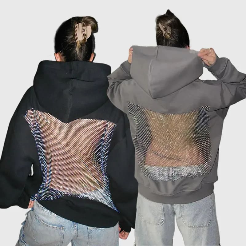 Solid color backless openwork mesh hoodie