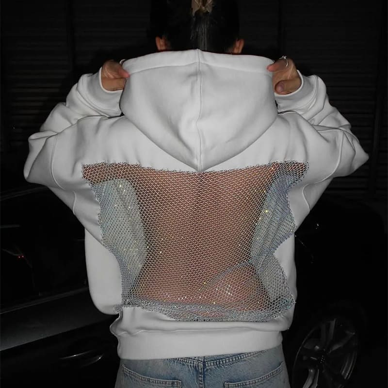Solid color backless openwork mesh hoodie
