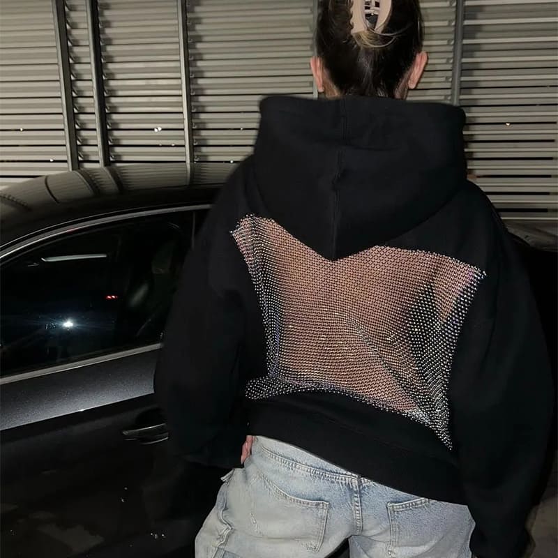 Solid color backless openwork mesh hoodie