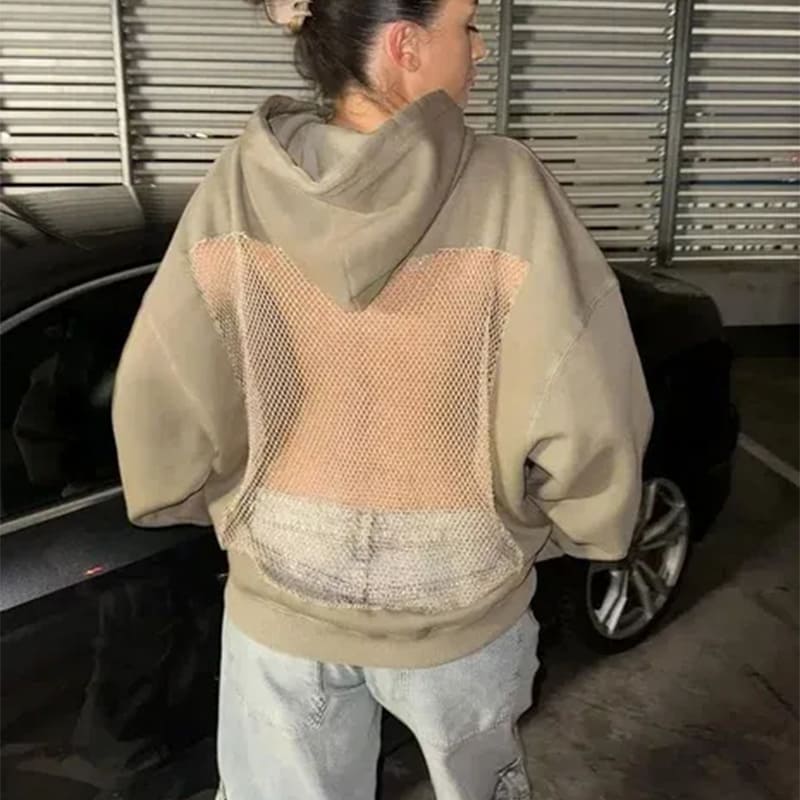 Solid color backless openwork mesh hoodie