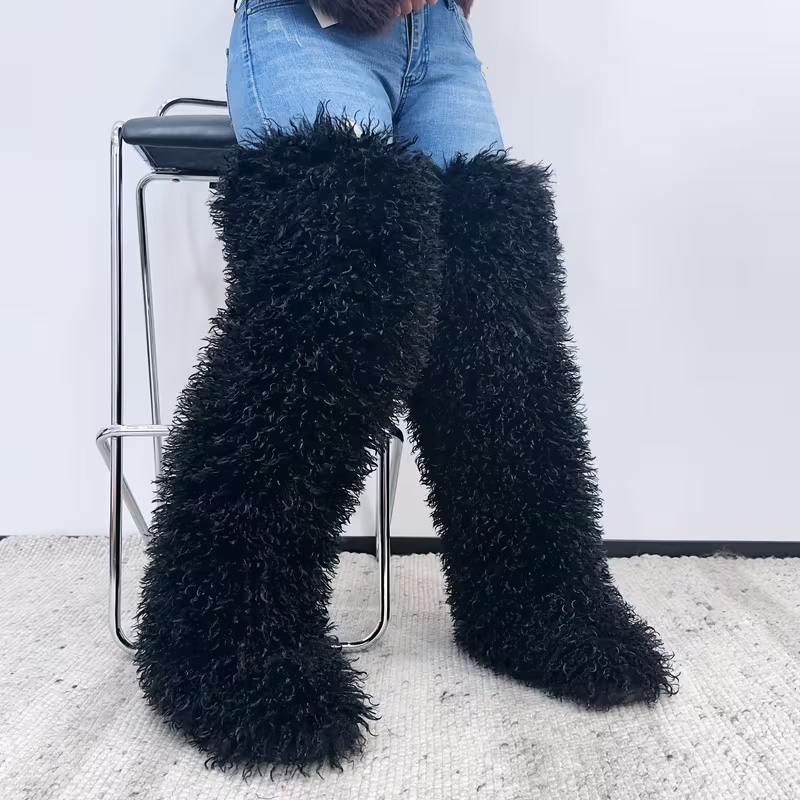 Comfortable curly fur over-the-knee boots
