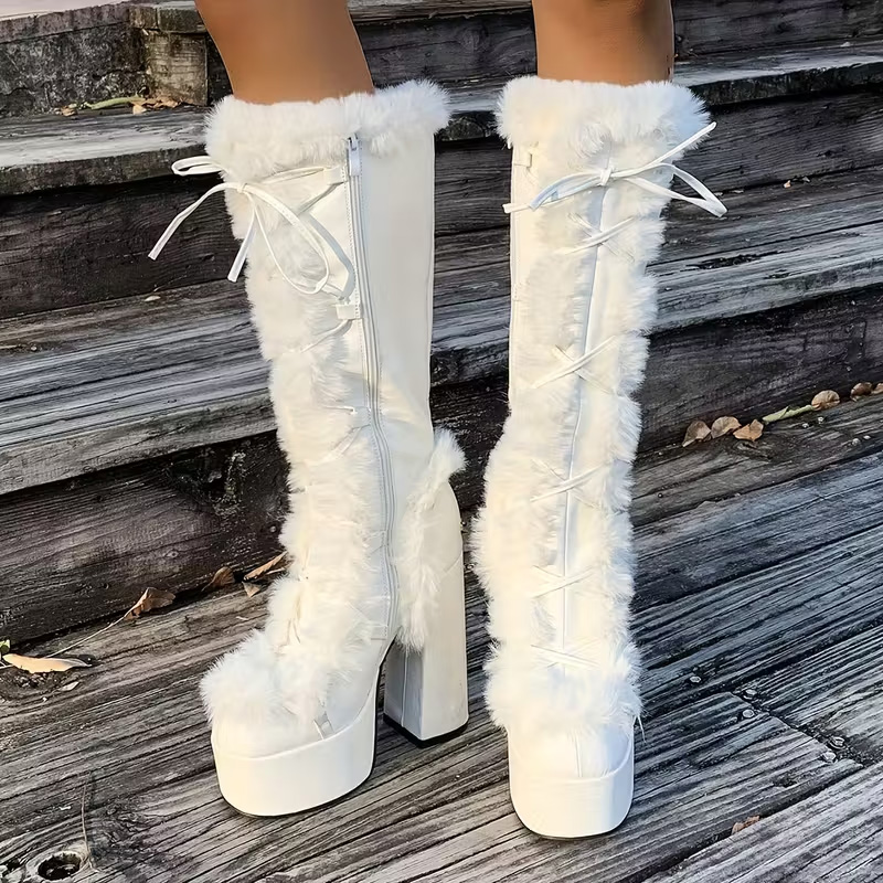 Platform high-heeled fur mid-calf boots