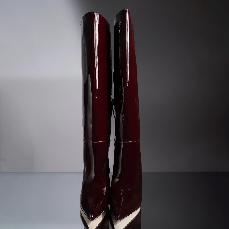 Patent leather pointed-toe high-heeled boots