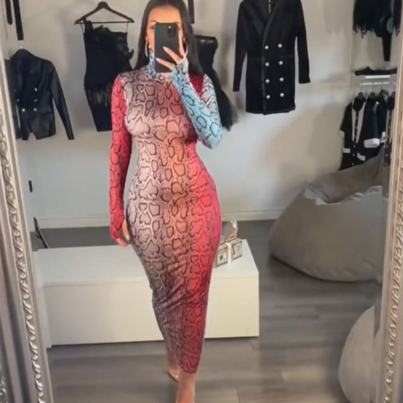 Snake print long-sleeved bodycon dress