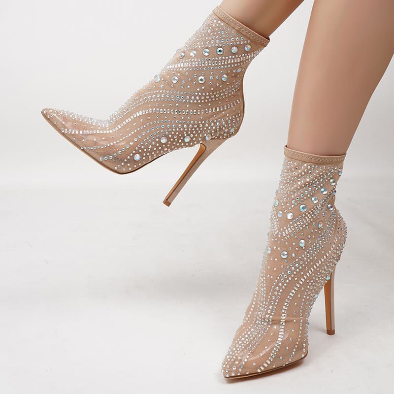 High-heeled rhinestone patterned boots