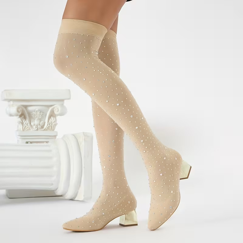 Rhinestone-studded elastic over-the-knee boots