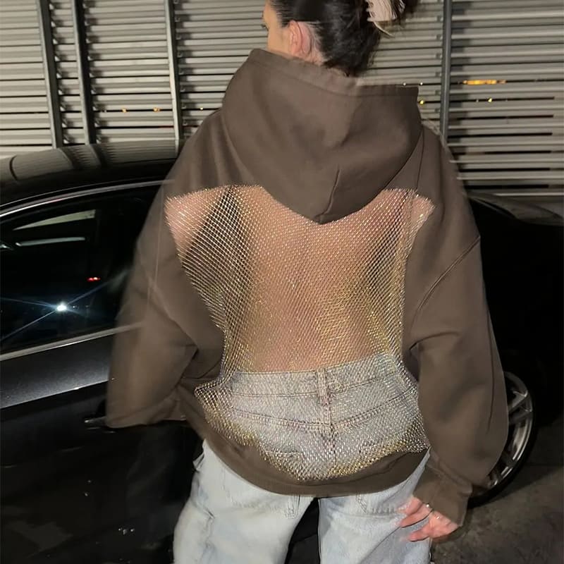 Solid color backless openwork mesh hoodie