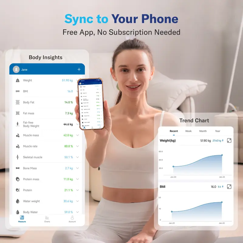 Bluetooth-enabled smart digital scale for measuring BMI and body fat.