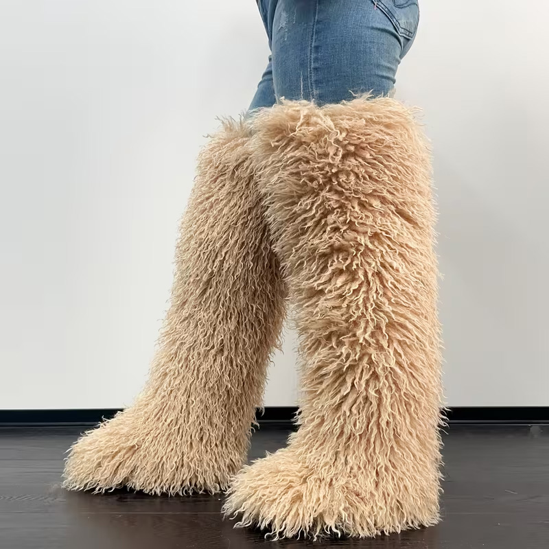 Comfortable curly fur over-the-knee boots