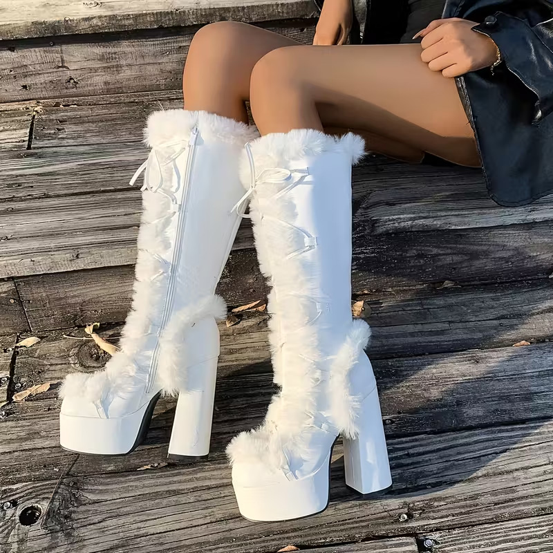 Platform high-heeled fur mid-calf boots
