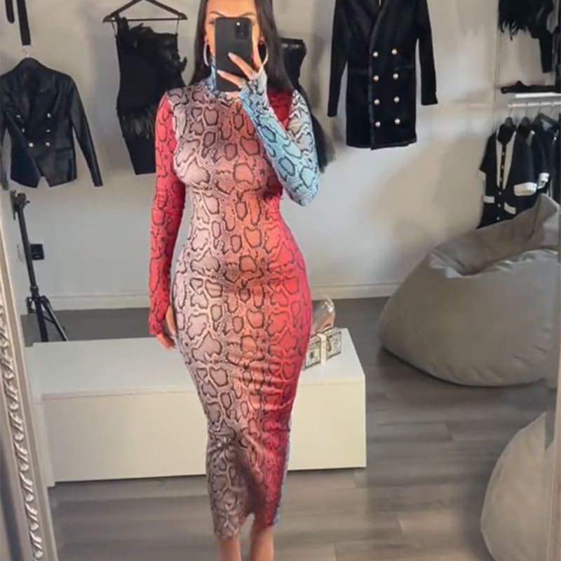 Snake print long-sleeved bodycon dress