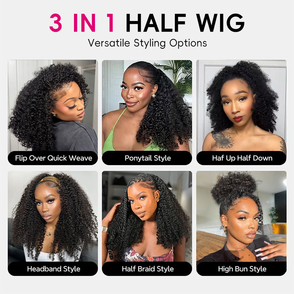 Yaki Straight 3 IN 1 Half Wig Glueless Install Natural Hairline Adjustable Drawstring Beginner Friendly