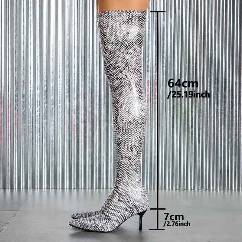 Silver snakeskin stiletto heeled elastic boots