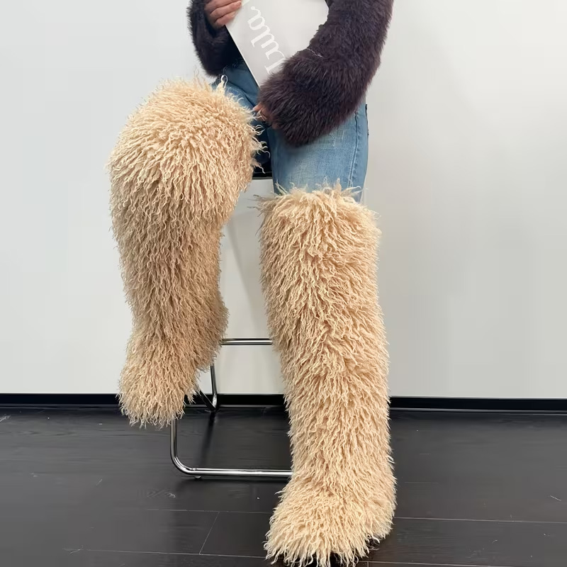 Comfortable curly fur over-the-knee boots