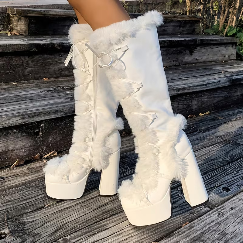 Platform high-heeled fur mid-calf boots