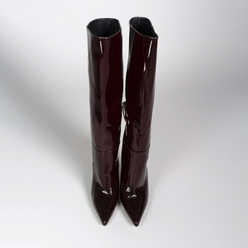 Patent leather pointed-toe high-heeled boots