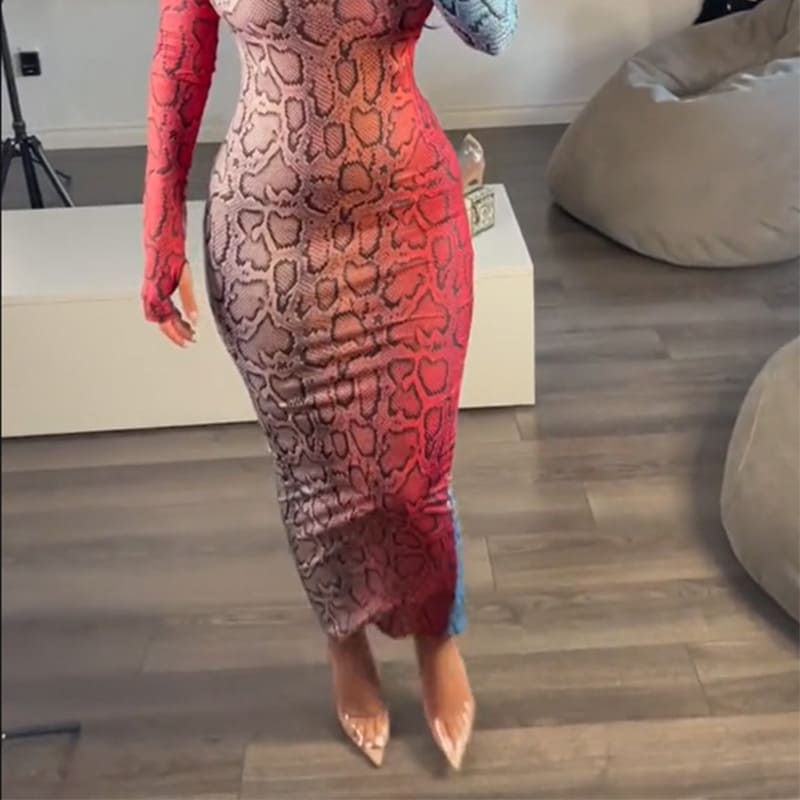 Snake print long-sleeved bodycon dress