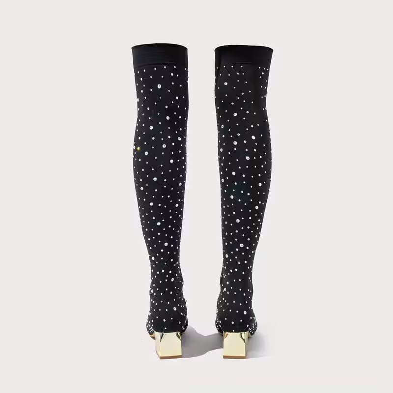 Rhinestone-studded elastic over-the-knee boots