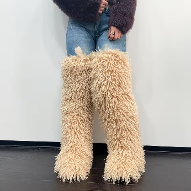 Comfortable curly fur over-the-knee boots