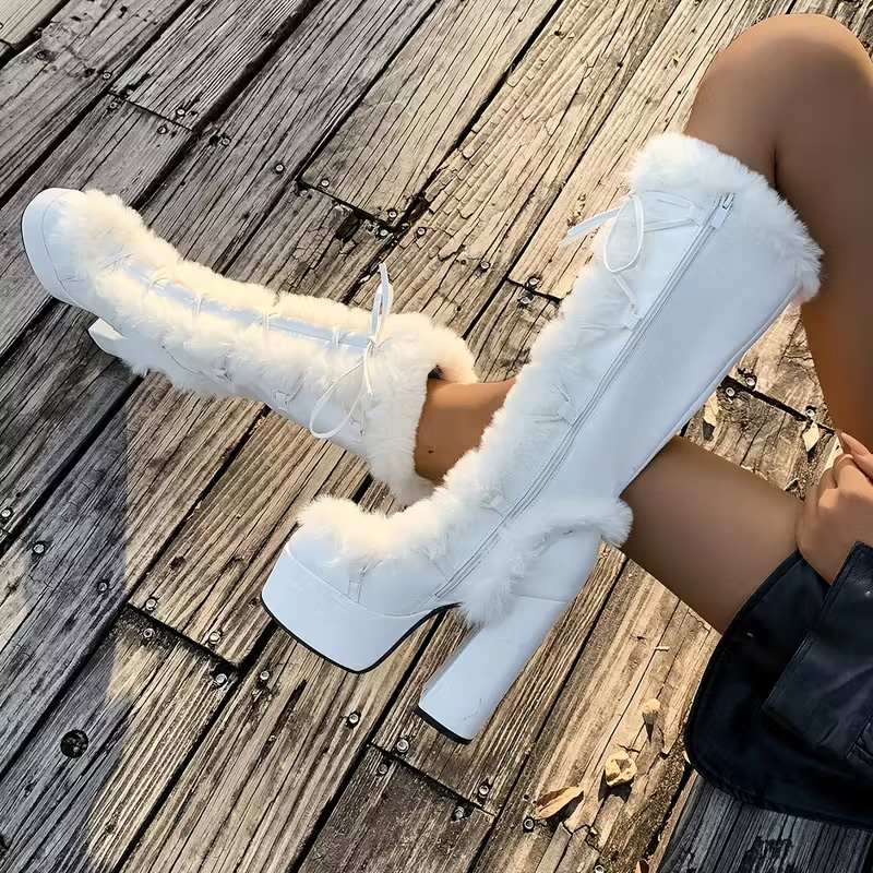 Platform high-heeled fur mid-calf boots