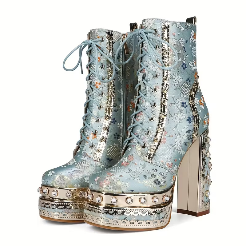 Embroidered chunky high-heeled ankle boots