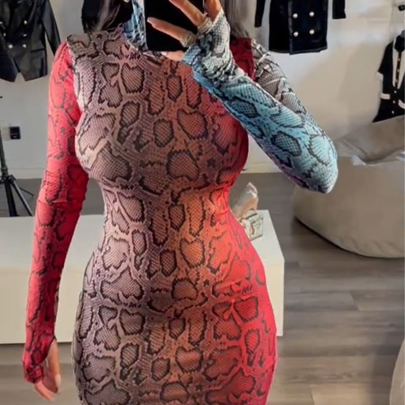 Snake print long-sleeved bodycon dress