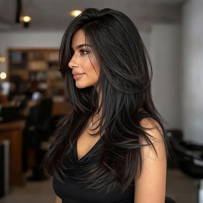 Layered Cut Long Straight Wig With Bangs Glueless Human Hair Wigs