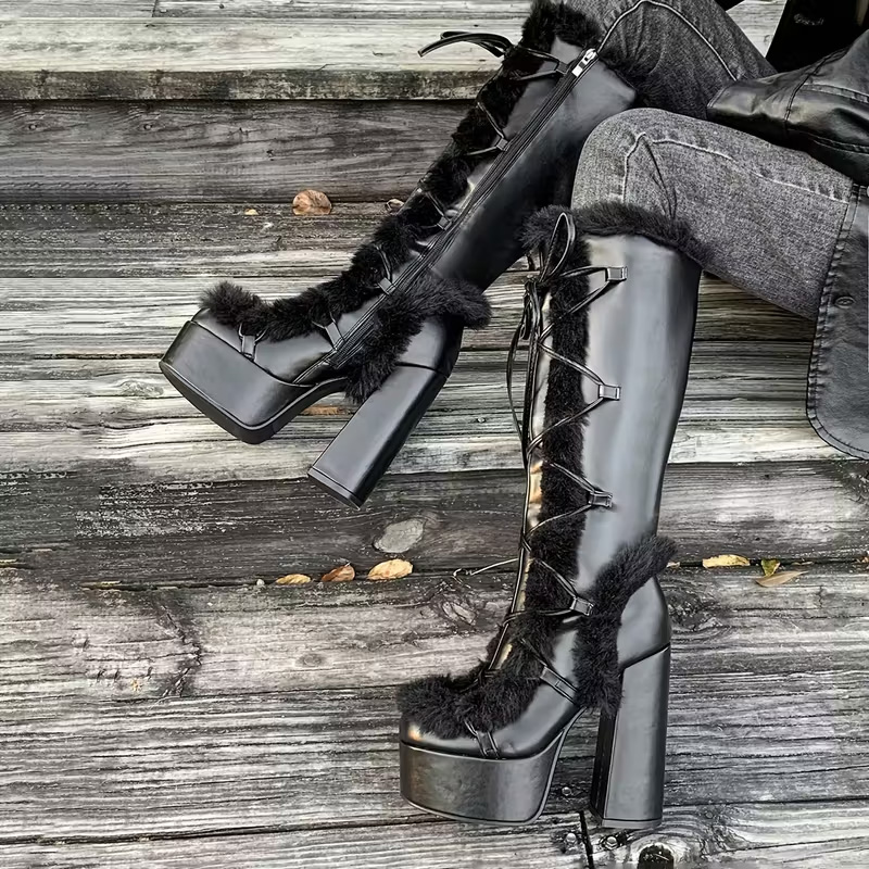 Platform high-heeled fur mid-calf boots