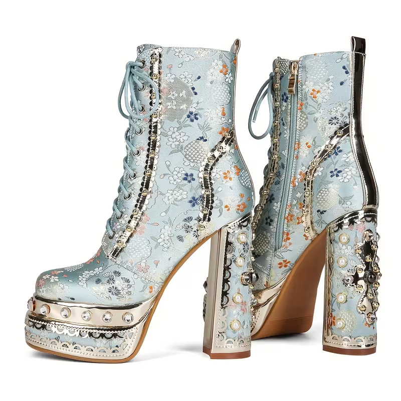Embroidered chunky high-heeled ankle boots