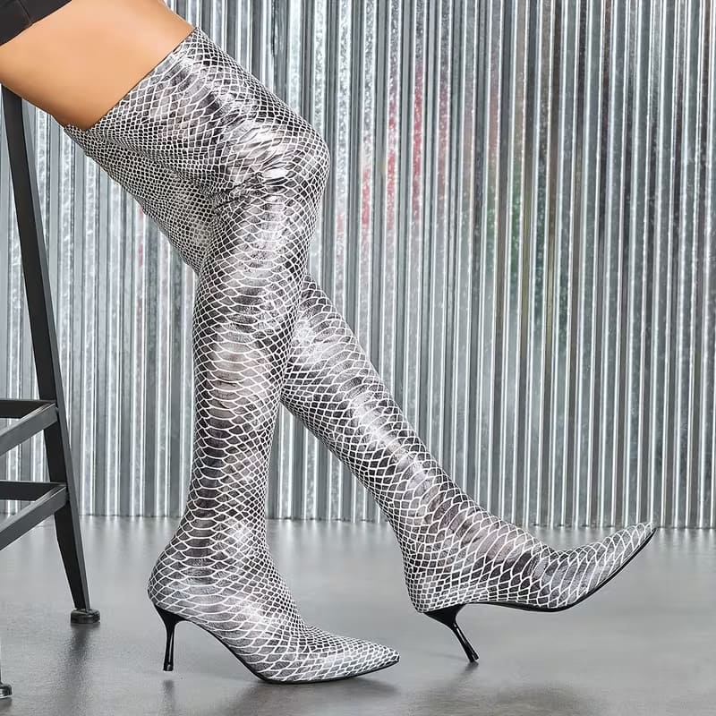 Silver snakeskin stiletto heeled elastic boots