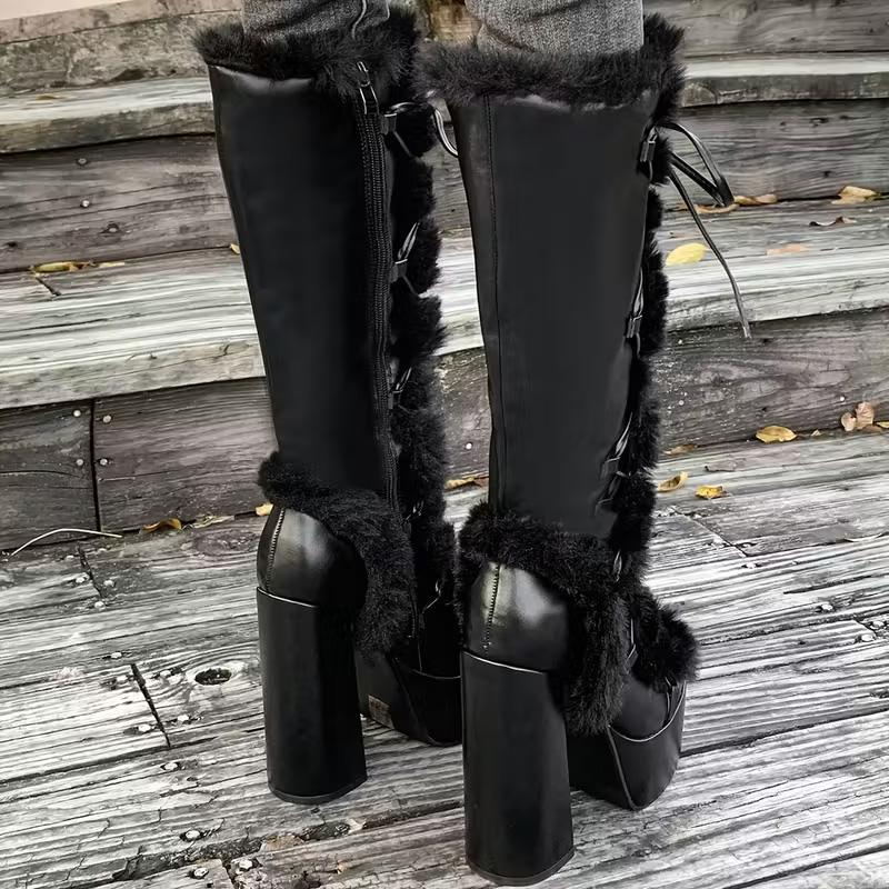 Platform high-heeled fur mid-calf boots
