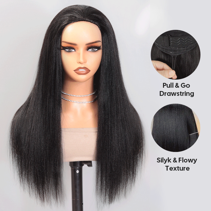 Yaki Straight 3 IN 1 Half Wig Glueless Install Natural Hairline Adjustable Drawstring Beginner Friendly