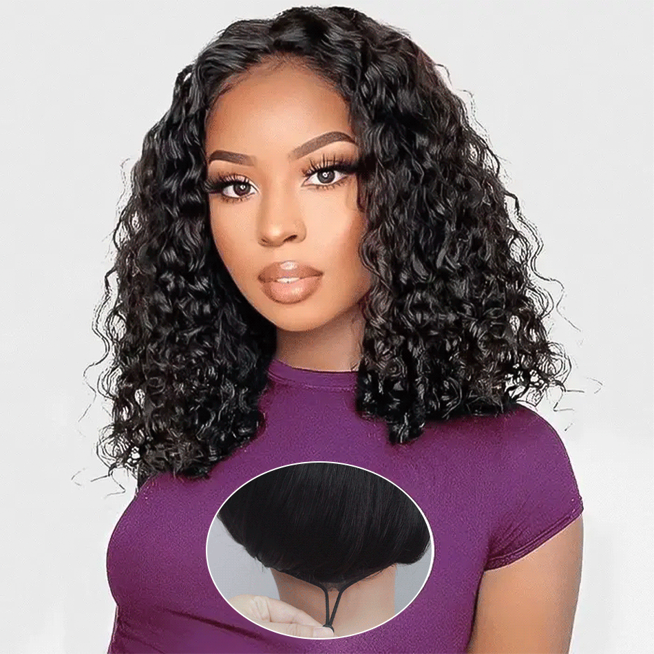 Pull & Go Drawstring Bouncy Water Wave Pre-Cut 6×5 Lace Glueless Short Bob Wig Bleached Knots