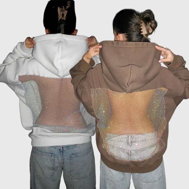 Solid color backless openwork mesh hoodie