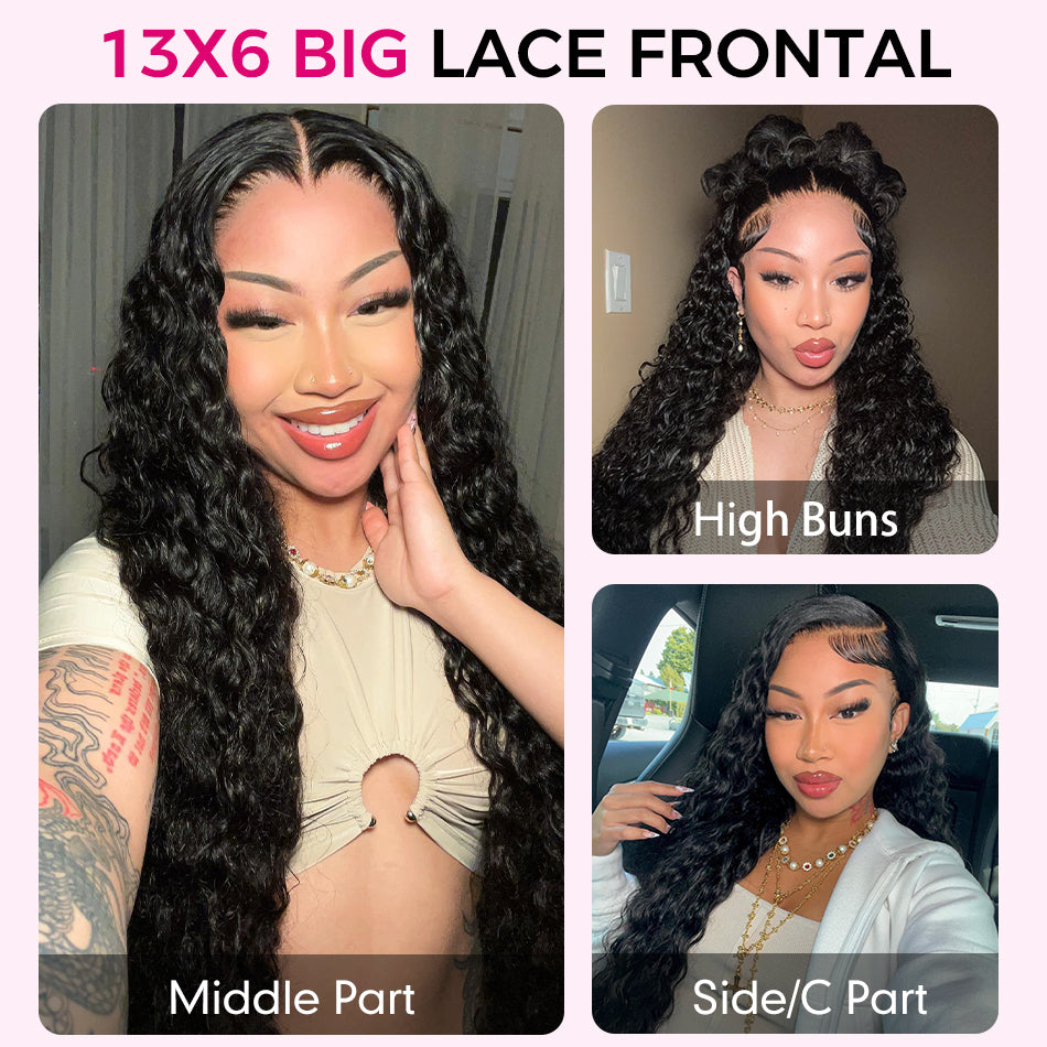 Water Wave 13x6 Parting Max Full Frontal Pull Go Drawstring Glueless HD Lace Wig Pre Bleached Knots