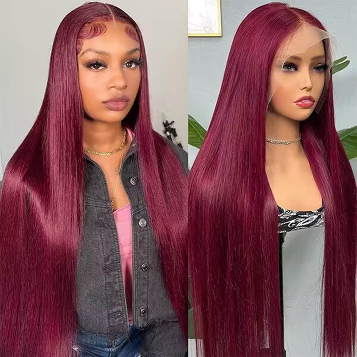 99J Burgundy 6×5/13×4 Straight Pre-cut Hd Lace Frontal Wigs 180% Density Colored Human Hair Wigs