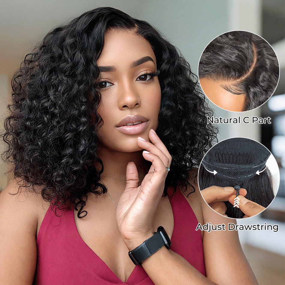 Natural C-Part Bouncy Deep Short Cut Wig Pull Go Glueless Scalp Vibe Pre Everything