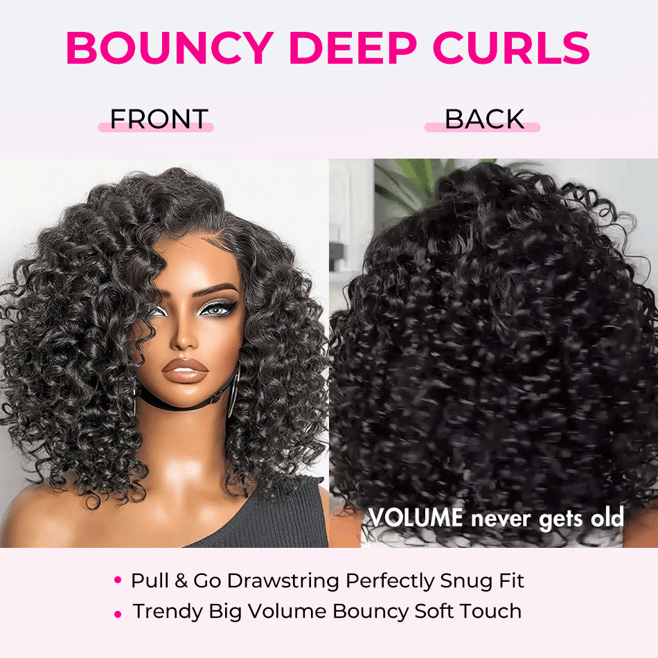 Natural C-Part Bouncy Deep Short Cut Wig Pull Go Glueless Scalp Vibe Pre Everything