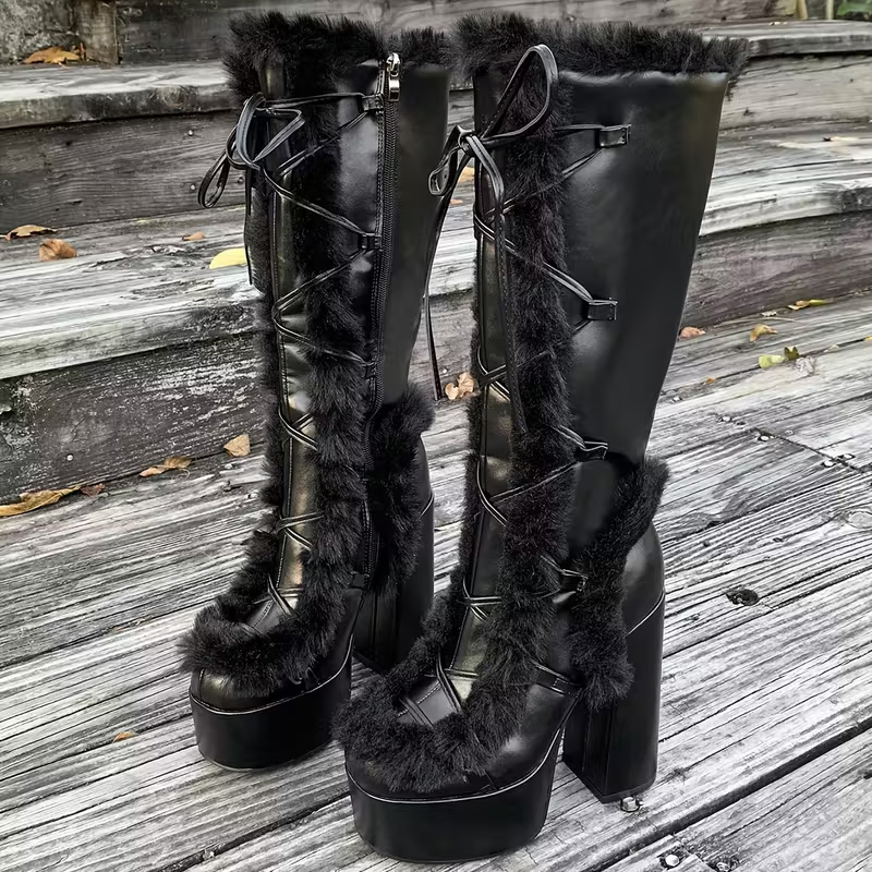Platform high-heeled fur mid-calf boots