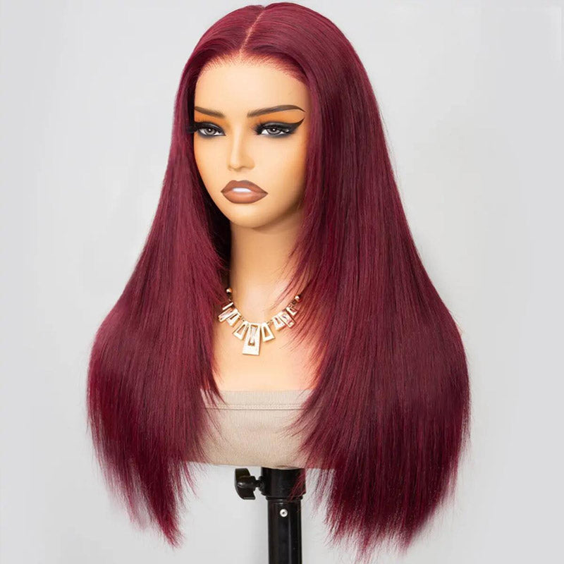 Glueless Layered Cut Wig 99j Burgundy Straight Pre Cut 6x5 HD Lace Wear Go Wig