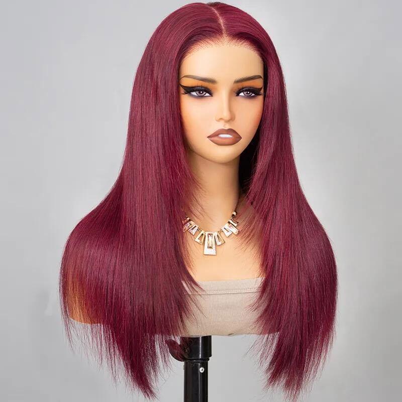 Glueless Layered Cut Wig 99j Burgundy Straight Pre Cut 6x5 HD Lace Wear Go Wig