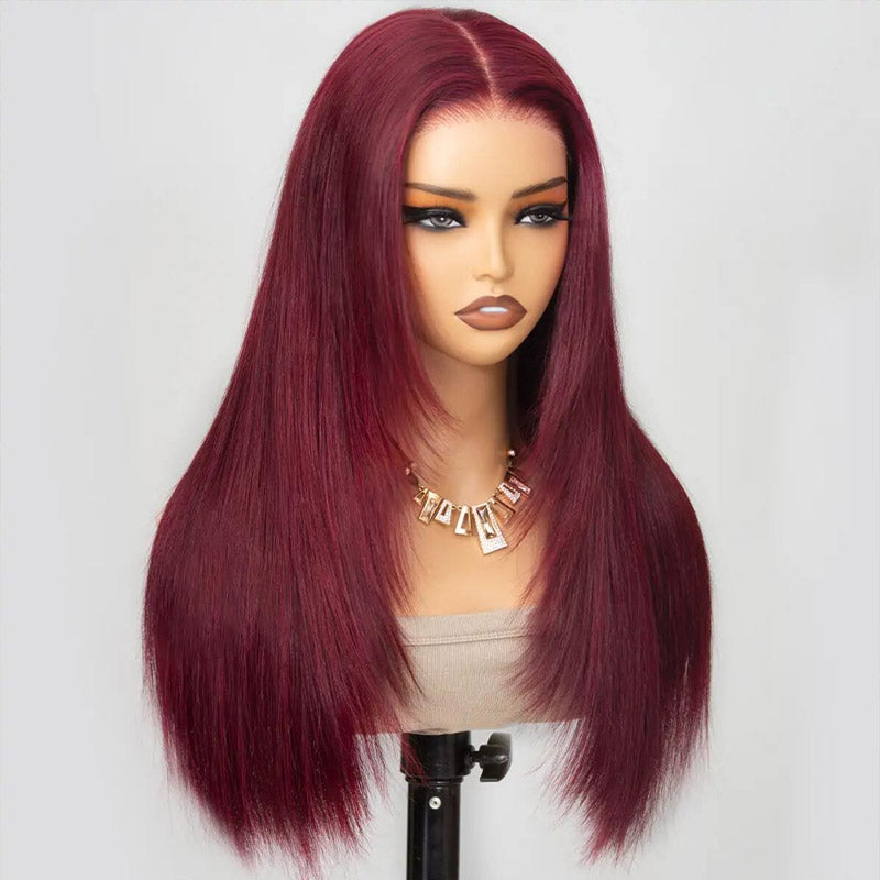 Glueless Layered Cut Wig 99j Burgundy Straight Pre Cut 6x5 HD Lace Wear Go Wig