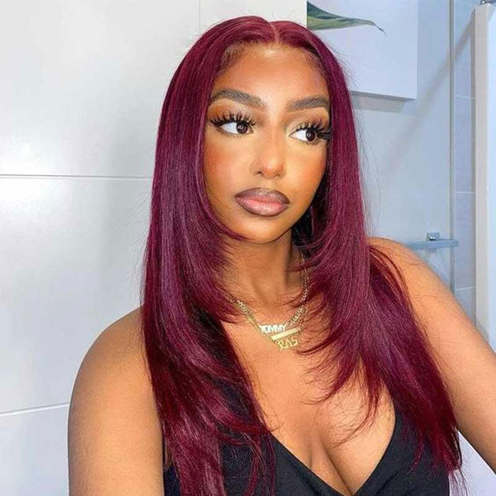 Glueless Layered Cut Wig 99j Burgundy Straight Pre Cut 6x5 HD Lace Wear Go Wig
